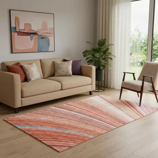 Terra Cotta Blue And Ivory Striped Washable Area Rug With UV Protection Photo 1