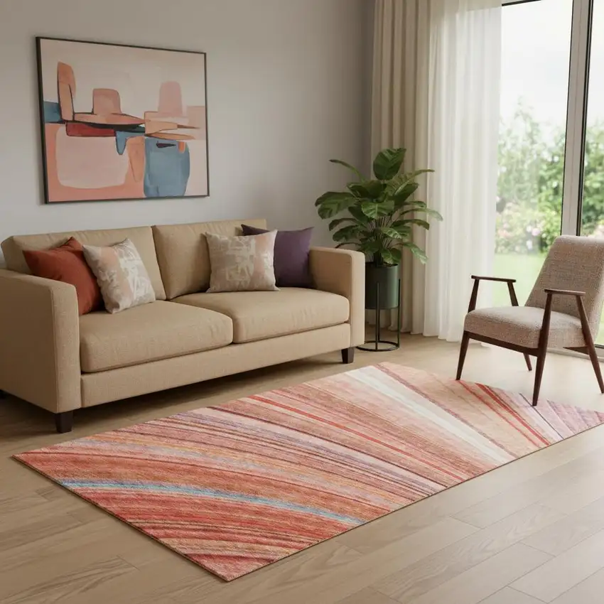 Terra Cotta Blue And Ivory Striped Washable Area Rug With UV Protection Photo 1