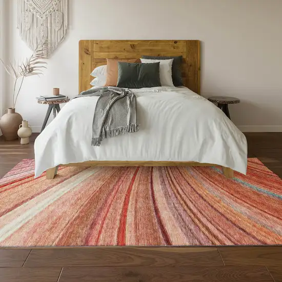 Terra Cotta Blue And Ivory Striped Washable Area Rug With UV Protection Photo 6