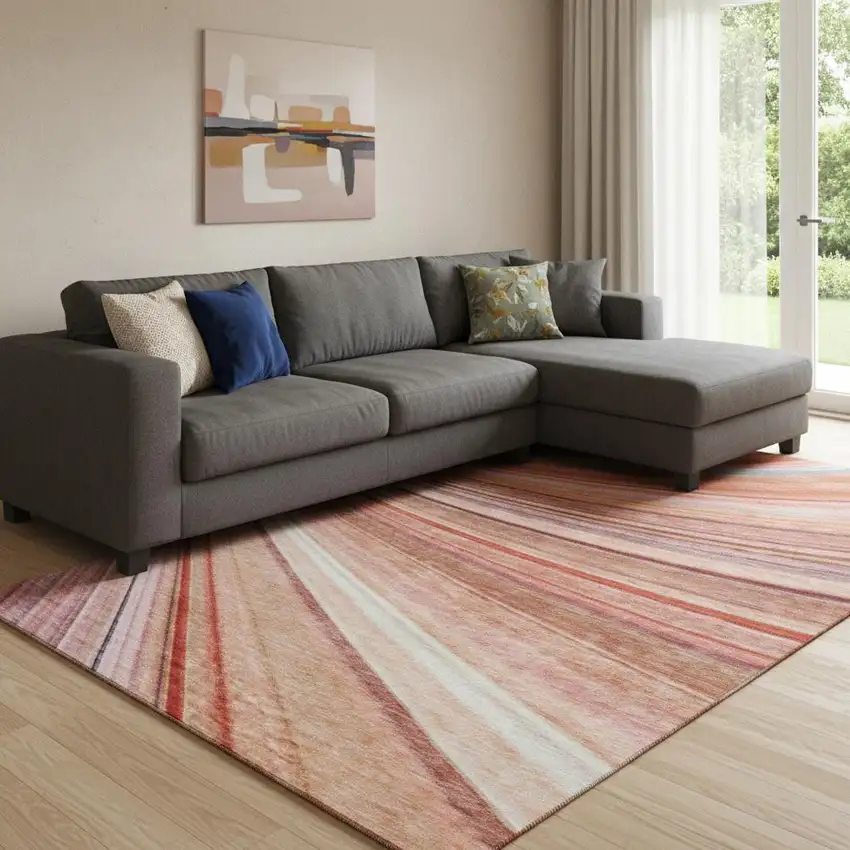 Terra Cotta Blue And Ivory Striped Washable Area Rug With UV Protection Photo 1