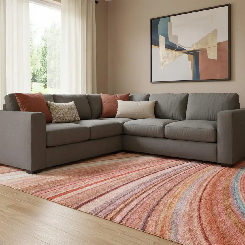 Terra Cotta Blue And Ivory Striped Washable Area Rug With UV Protection Photo 3