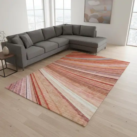 Terra Cotta Blue And Ivory Striped Washable Area Rug With UV Protection Photo 2