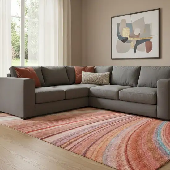 Terra Cotta Blue And Ivory Striped Washable Area Rug With UV Protection Photo 1