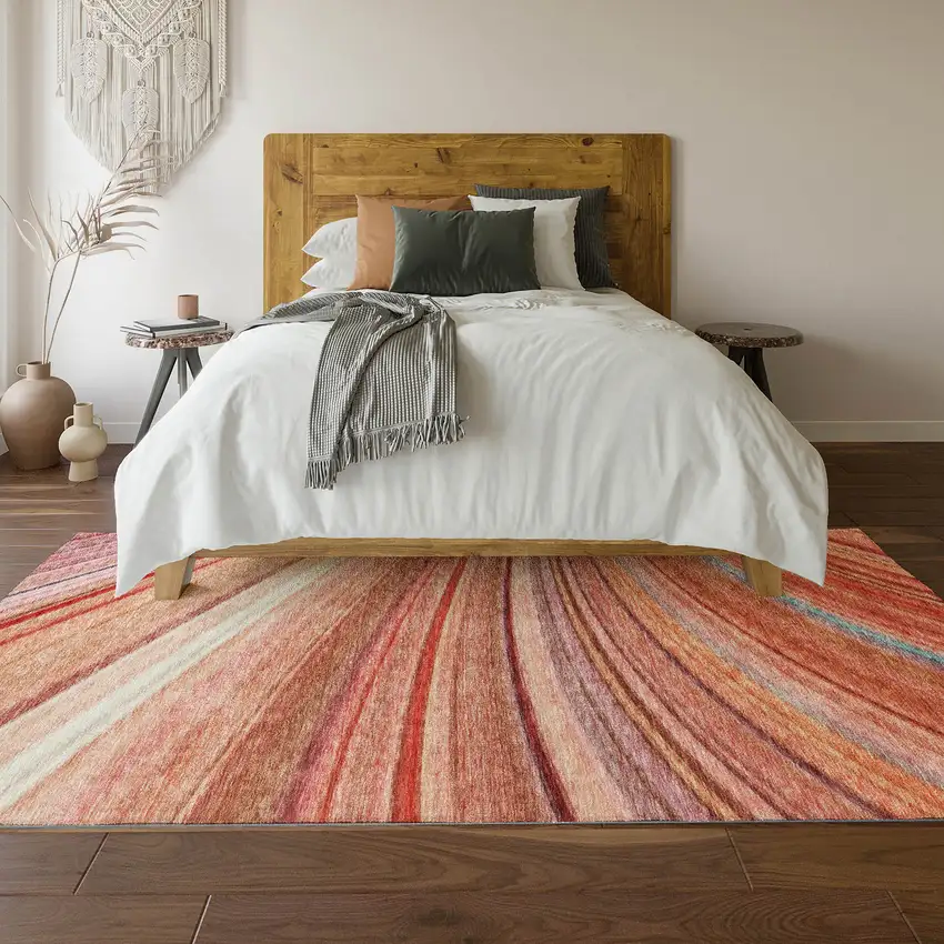 Terra Cotta Blue And Ivory Striped Washable Area Rug With UV Protection Photo 6