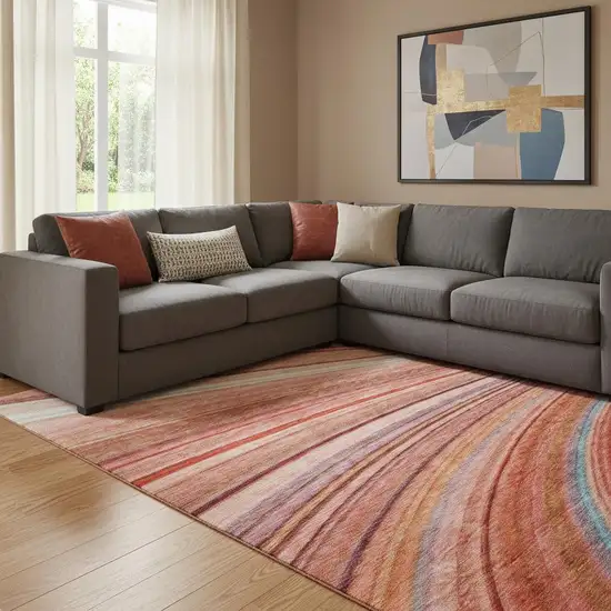 Terra Cotta Blue And Ivory Striped Washable Area Rug With UV Protection Photo 1