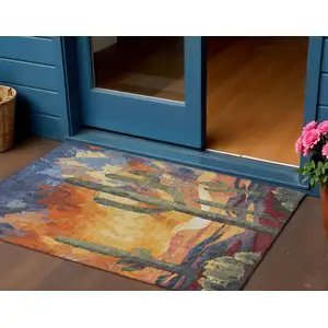 Photo of Terra Cotta Blue And Plum Botanical Leaves Washable Indoor Outdoor Area Rug