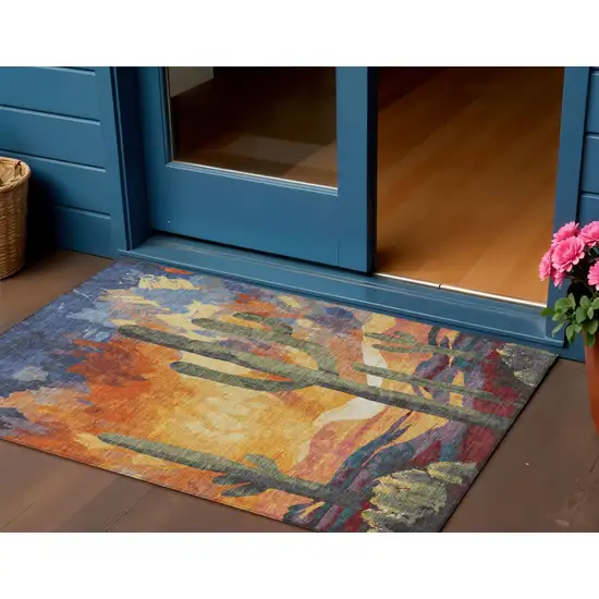 Terra Cotta Blue And Plum Botanical Leaves Washable Indoor Outdoor Area Rug Photo 1