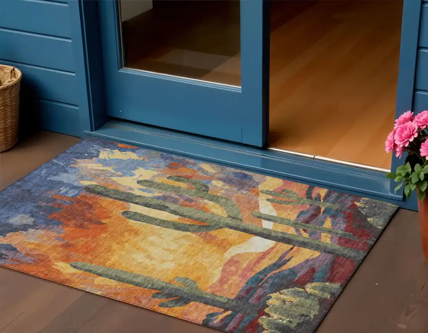 Terra Cotta Blue And Plum Botanical Leaves Washable Indoor Outdoor Area Rug Photo 1