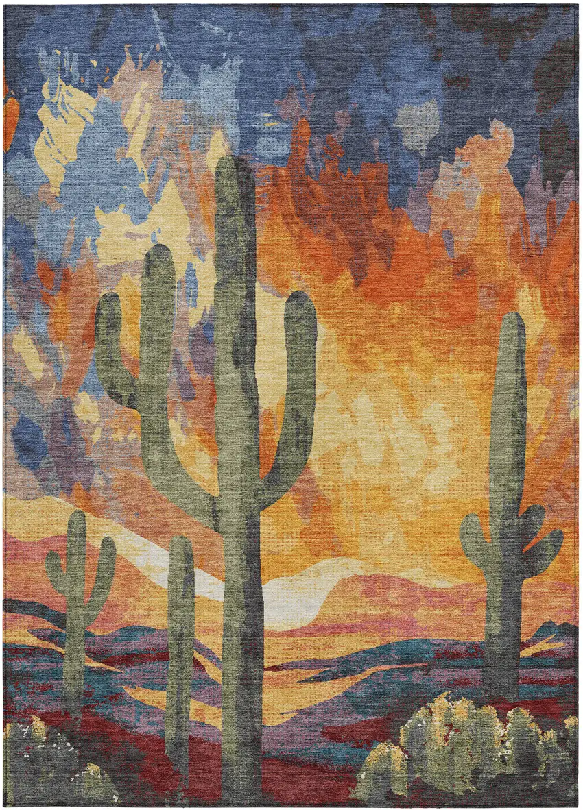 Terra Cotta Blue And Plum Botanical Leaves Washable Indoor Outdoor Area Rug Photo 4