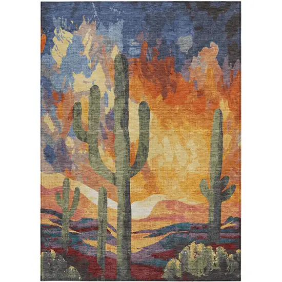 Terra Cotta Blue And Plum Botanical Leaves Washable Indoor Outdoor Area Rug Photo 4