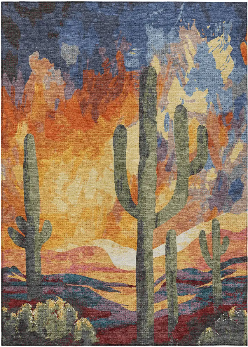 Terra Cotta Blue And Plum Botanical Leaves Washable Indoor Outdoor Area Rug Photo 2