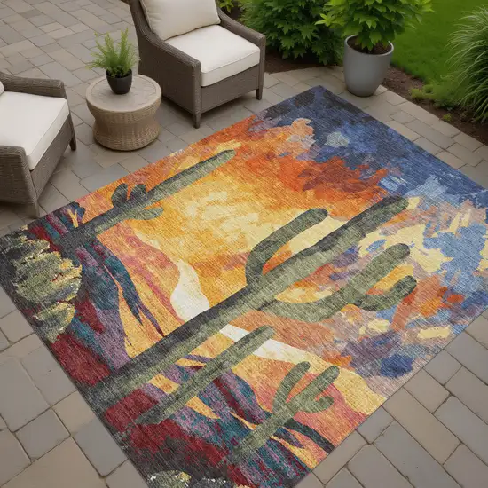 Terra Cotta Blue And Plum Botanical Leaves Washable Indoor Outdoor Area Rug Photo 7