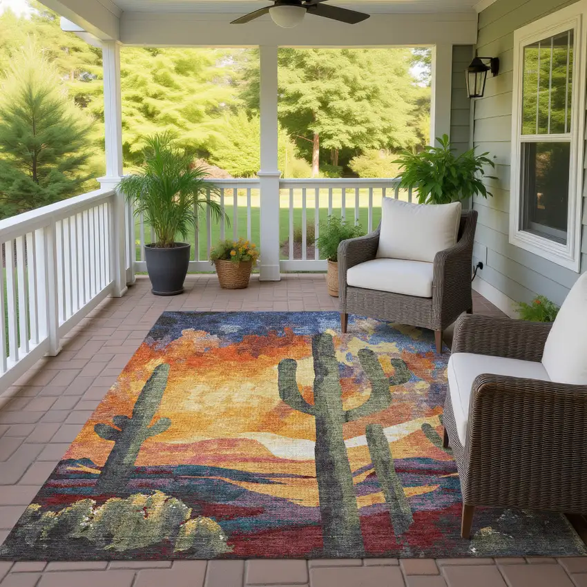 Terra Cotta Blue And Plum Cactus Washable Indoor Outdoor Area Rug Photo 9