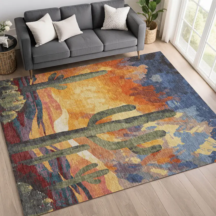 Terra Cotta Blue And Plum Botanical Leaves Washable Indoor Outdoor Area Rug Photo 9