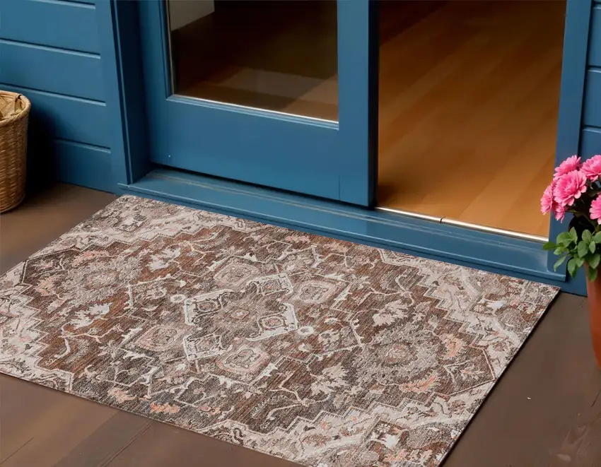 Terra Cotta Brown And Copper Oriental Washable Indoor Outdoor Area Rug Photo 1