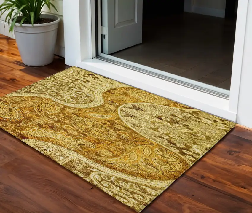 Terra Cotta Brown And Gold Floral Medallion Washable Indoor Outdoor Area Rug Photo 1