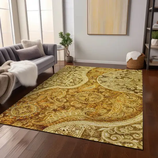 Terra Cotta Brown And Gold Floral Medallion Washable Indoor Outdoor Area Rug Photo 9