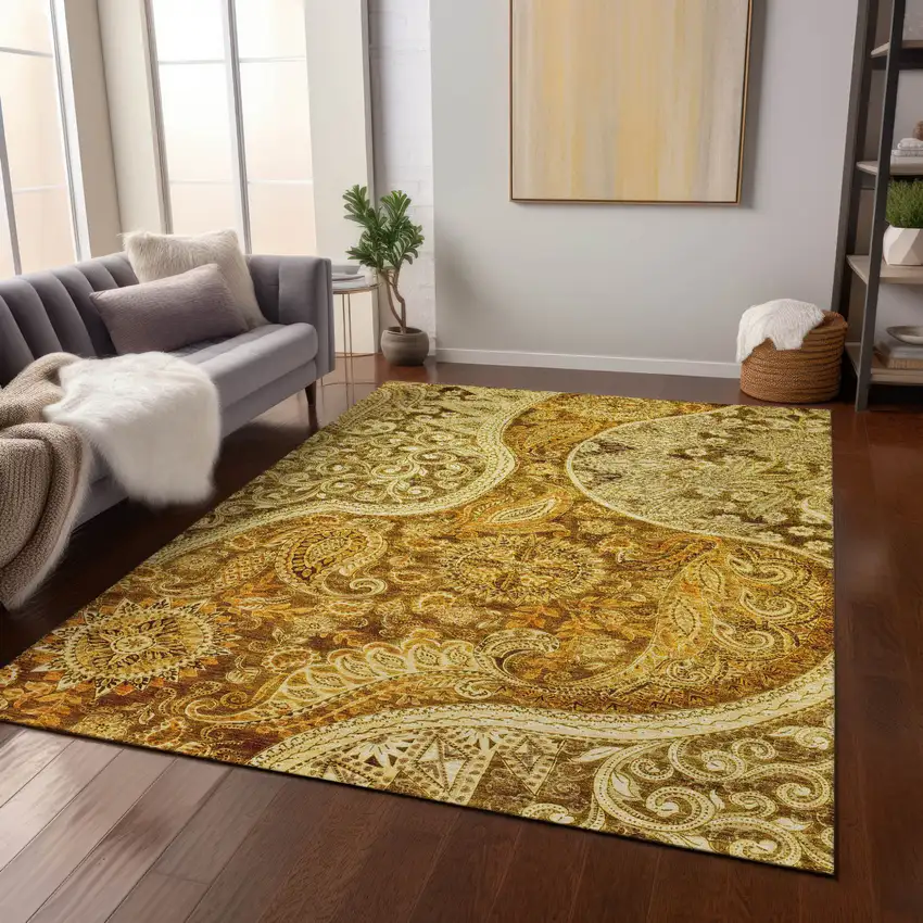 Terra Cotta Brown And Gold Floral Medallion Washable Indoor Outdoor Area Rug Photo 9