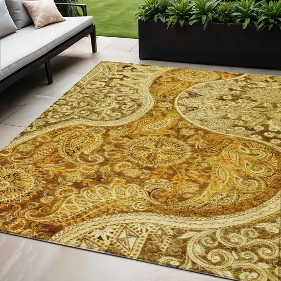 Terra Cotta Brown And Gold Floral Medallion Washable Indoor Outdoor Area Rug Photo 1