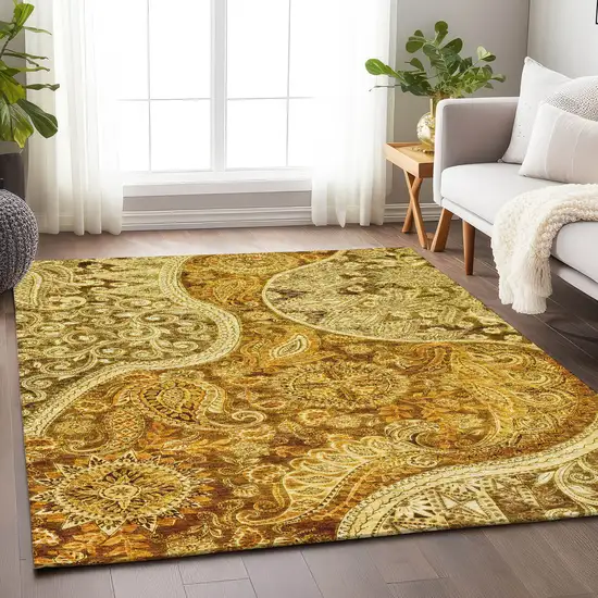 Terra Cotta Brown And Gold Floral Medallion Washable Indoor Outdoor Area Rug Photo 9