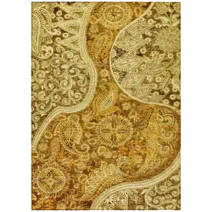 Photo of Terra Cotta Brown And Gold Floral Medallion Washable Indoor Outdoor Area Rug