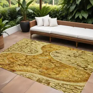 Photo of Terra Cotta Brown And Gold Floral Medallion Washable Indoor Outdoor Area Rug