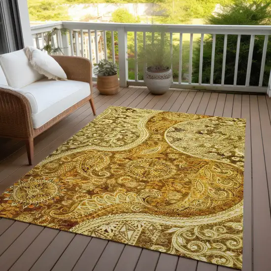 Terra Cotta Brown And Gold Floral Medallion Washable Indoor Outdoor Area Rug Photo 8