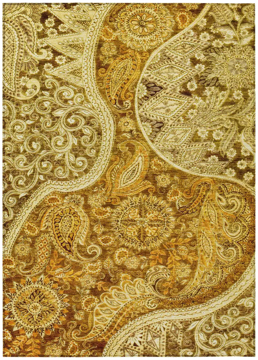 Terra Cotta Brown And Gold Floral Medallion Washable Indoor Outdoor Area Rug Photo 2
