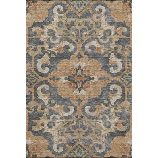 Terra Cotta Charcoal And Beige Floral Medallion Washable Area Rug With UV Protection Photo 1