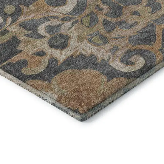 Terra Cotta Charcoal And Beige Floral Medallion Washable Area Rug With UV Protection Photo 8