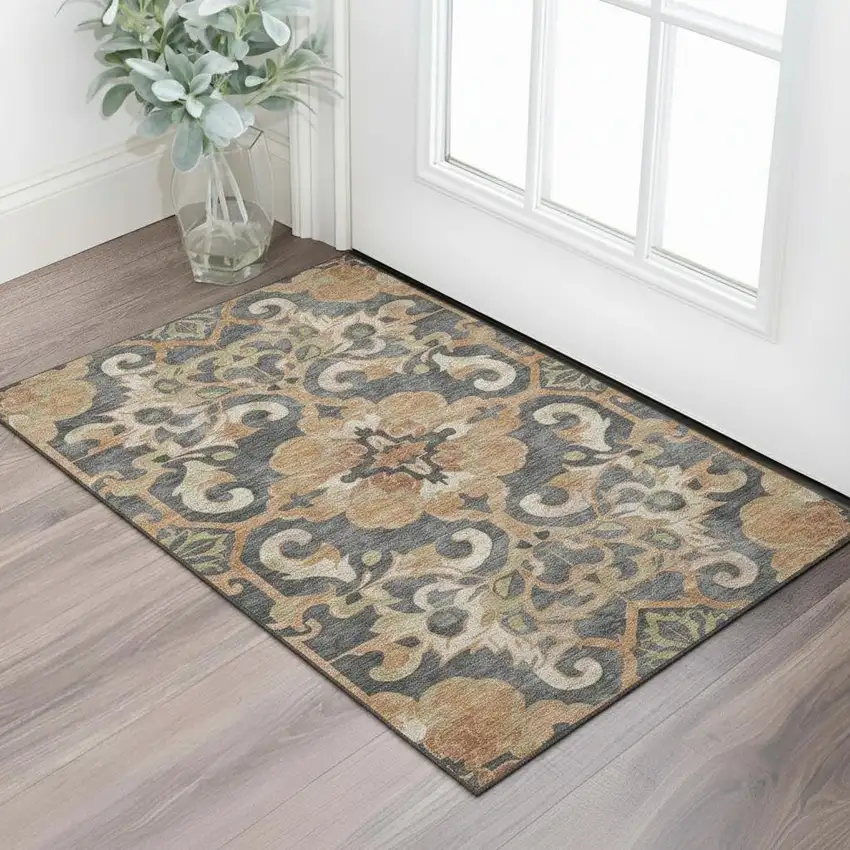 Terra Cotta Charcoal And Beige Floral Medallion Washable Area Rug With UV Protection Photo 2