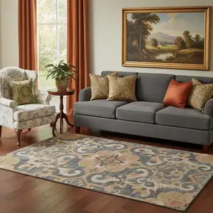 Photo of Terra Cotta Charcoal And Beige Floral Medallion Washable Area Rug With UV Protection