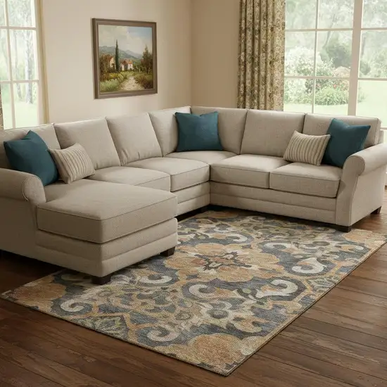 Terra Cotta Charcoal And Beige Floral Medallion Washable Area Rug With UV Protection Photo 2