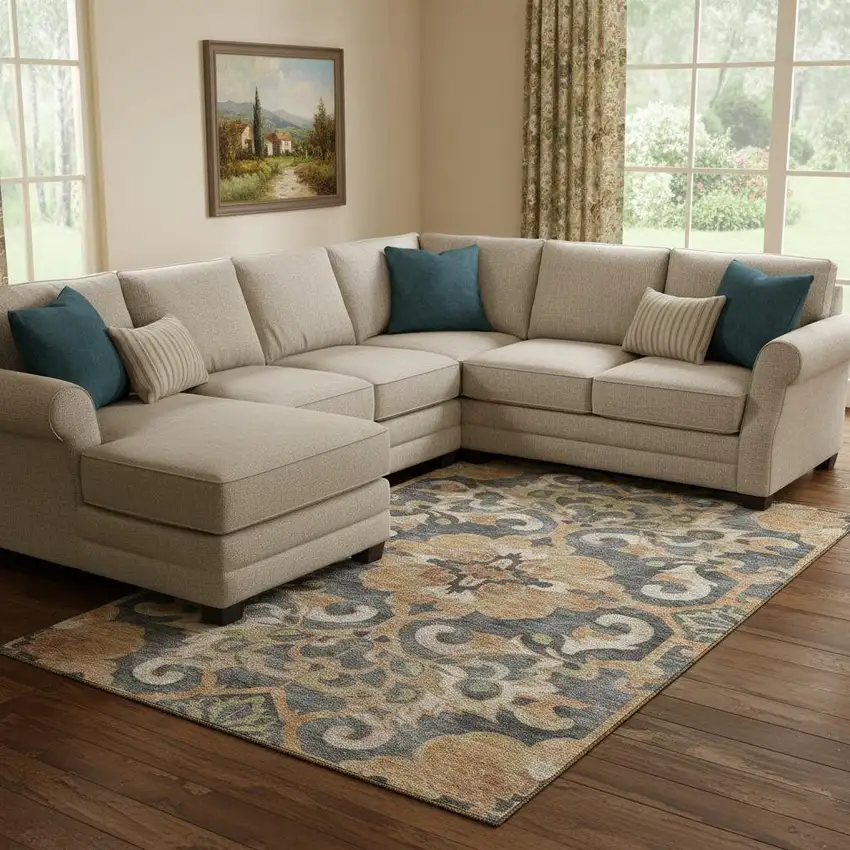 Terra Cotta Charcoal And Beige Floral Medallion Washable Area Rug With UV Protection Photo 2