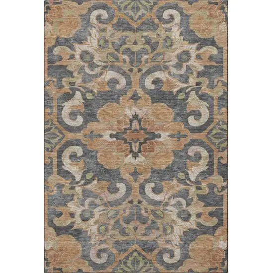 Terra Cotta Charcoal And Beige Floral Medallion Washable Area Rug With UV Protection Photo 4