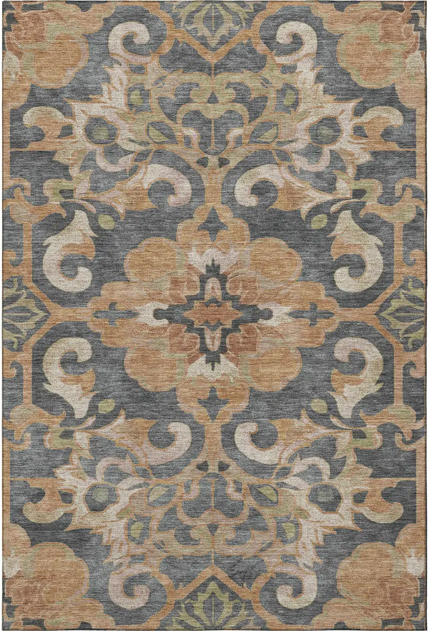 Terra Cotta Charcoal And Beige Floral Medallion Washable Area Rug With UV Protection Photo 4
