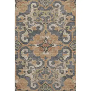 Photo of Terra Cotta Charcoal And Beige Floral Medallion Washable Area Rug With UV Protection
