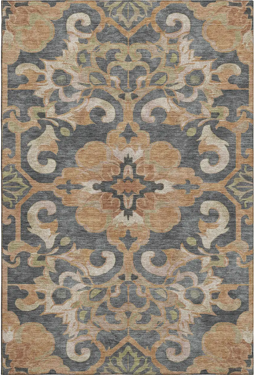 Terra Cotta Charcoal And Beige Floral Medallion Washable Area Rug With UV Protection Photo 1