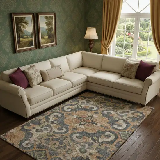 Terra Cotta Charcoal And Beige Floral Medallion Washable Area Rug With UV Protection Photo 2