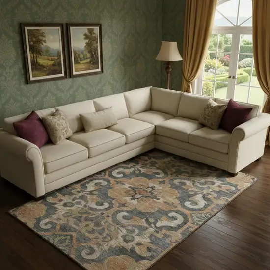 Terra Cotta Charcoal And Beige Floral Medallion Washable Area Rug With UV Protection Photo 2