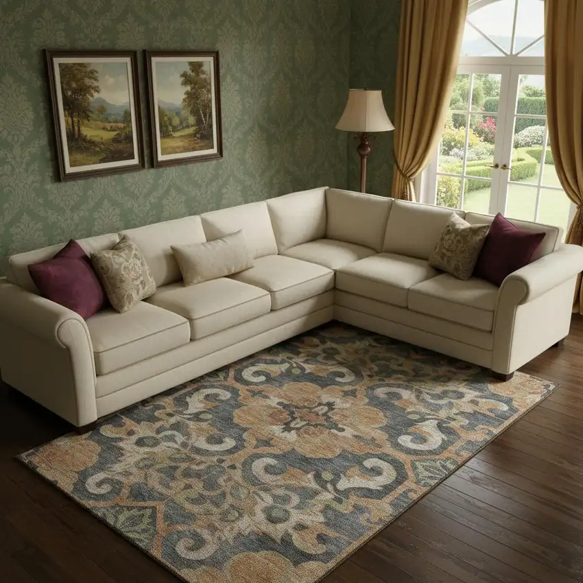 Terra Cotta Charcoal And Beige Floral Medallion Washable Area Rug With UV Protection Photo 2