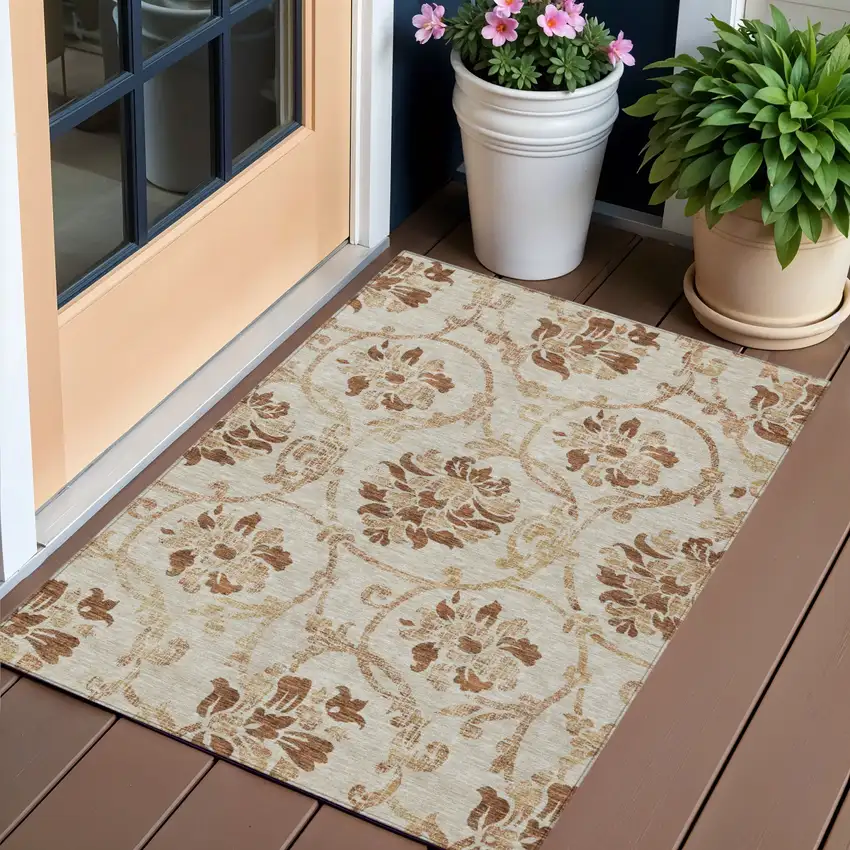 Terra Cotta Copper And Beige Floral Washable Indoor Outdoor Area Rug Photo 1