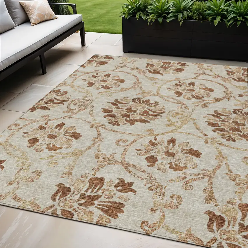 Terra Cotta Copper And Beige Floral Washable Indoor Outdoor Area Rug Photo 1