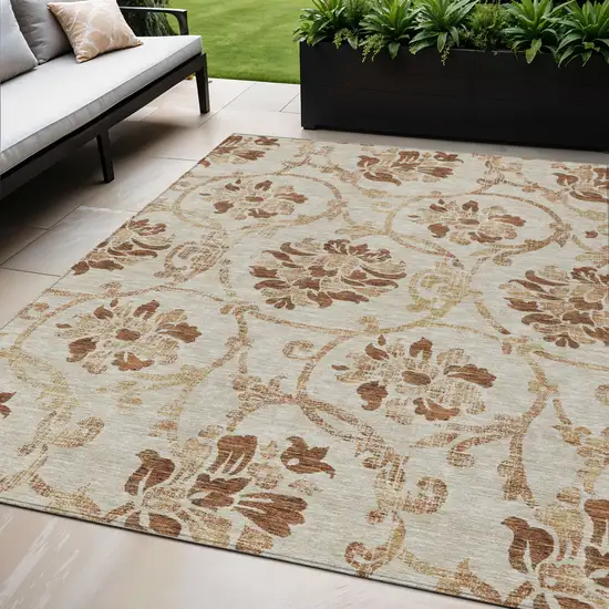 Terra Cotta Copper And Beige Floral Washable Indoor Outdoor Area Rug Photo 1