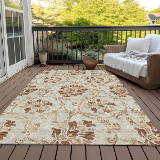 Terra Cotta Copper And Beige Floral Washable Indoor Outdoor Area Rug Photo 6