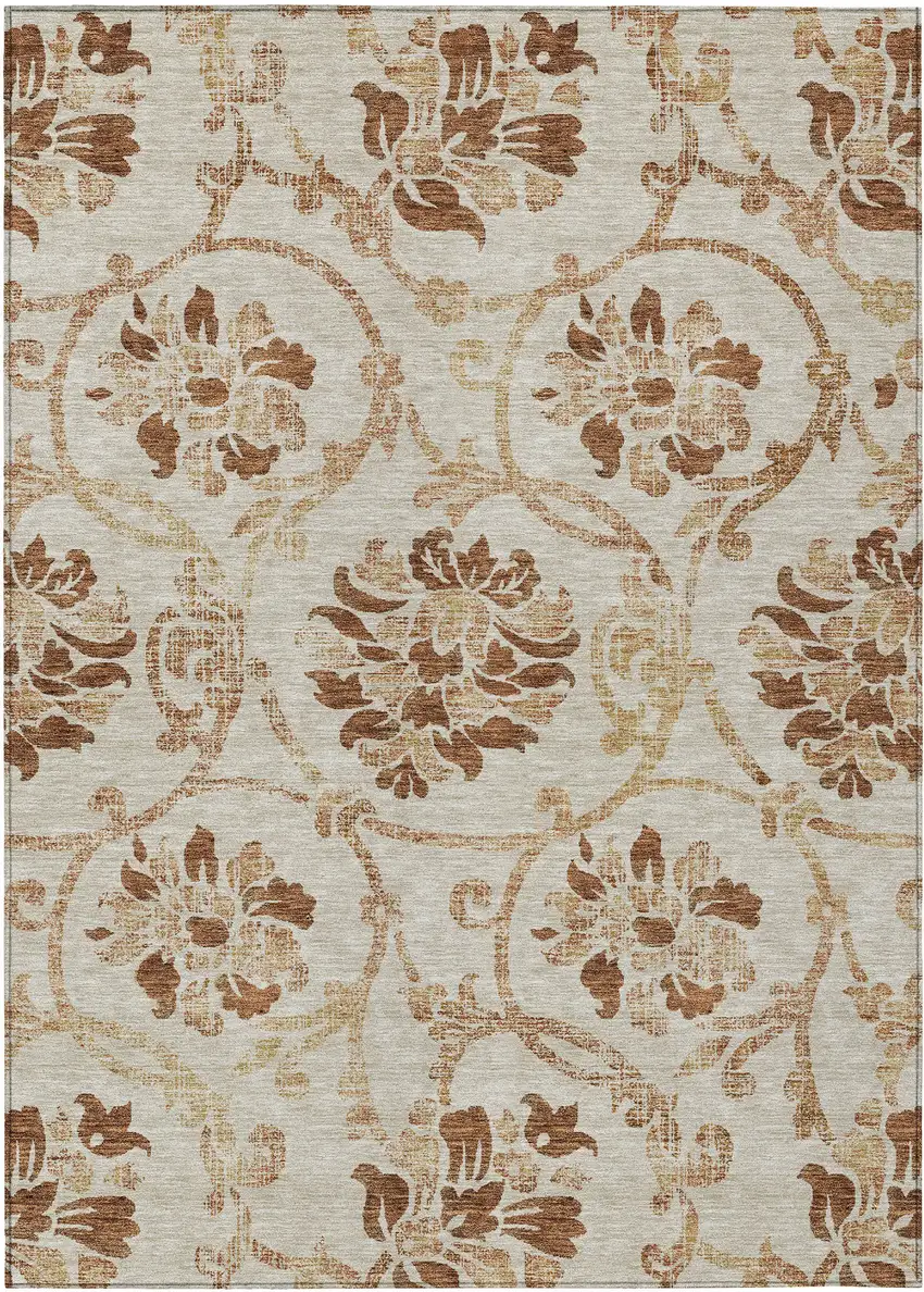 Terra Cotta Copper And Beige Floral Washable Indoor Outdoor Area Rug Photo 1