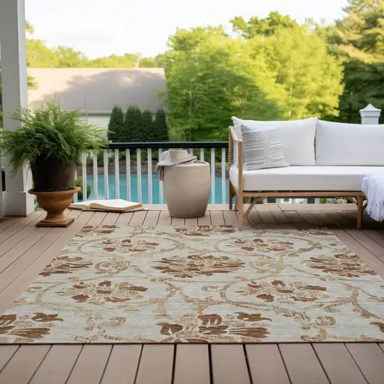 Terra Cotta Copper And Beige Floral Washable Indoor Outdoor Area Rug Photo 9