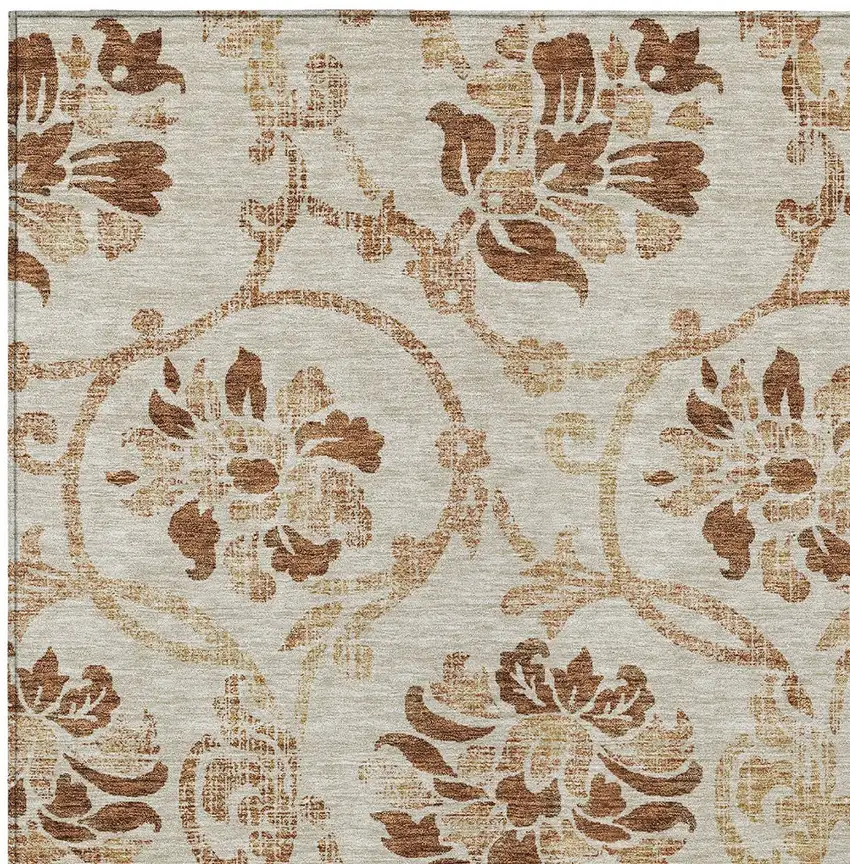 Terra Cotta Copper And Beige Floral Washable Indoor Outdoor Area Rug Photo 4