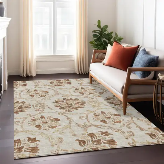 Terra Cotta Copper And Beige Floral Washable Indoor Outdoor Area Rug Photo 8