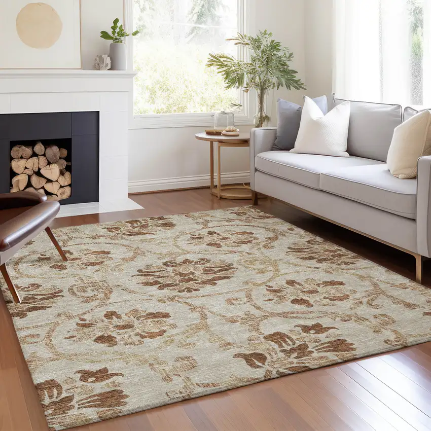 Terra Cotta Copper And Beige Floral Washable Indoor Outdoor Area Rug Photo 7